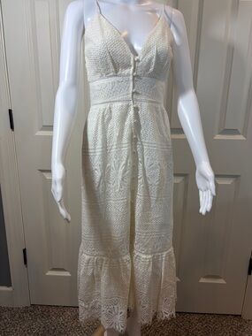 White Lace Midi Dress with Button Front